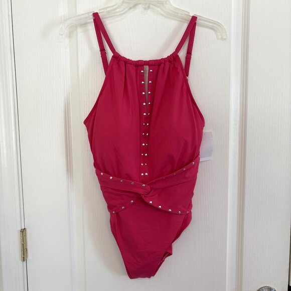 Magicsuit by Miraclesuit Riveted Diana Swimsuit 1-PC Coral Rose Pink Size 14 NEW - Picture 3 of 10